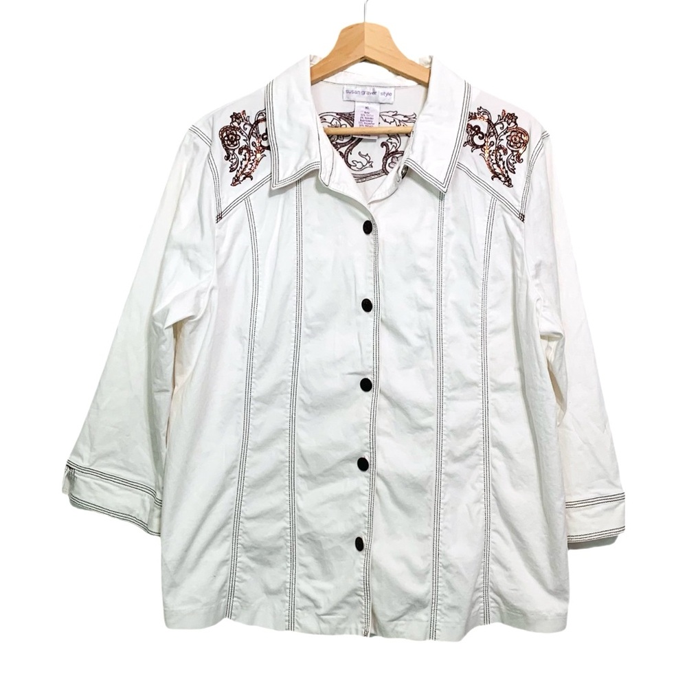 Susan Graver Western Style  Embroidered Sequin Shirt White and Brown Size: XL